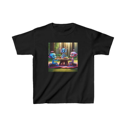 Kids Adorable Cute Aliens Heavy Cotton Tee showcasing charming alien friends at a picnic, designed for style and comfort for the young adventurous.