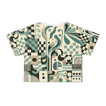 Detailed view of the unique pastel green abstract block print on the Vivienne Starlight Crop Tee by Dazzling Dreams Studio, illustrating its contemporary elegance.