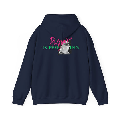 Stylish navy hoodie featuring the bold phrase 'Passion IS EVERYTHING' with vibrant graphic design depicting a striking portrait, ideal for bold fashion enthusiasts.
