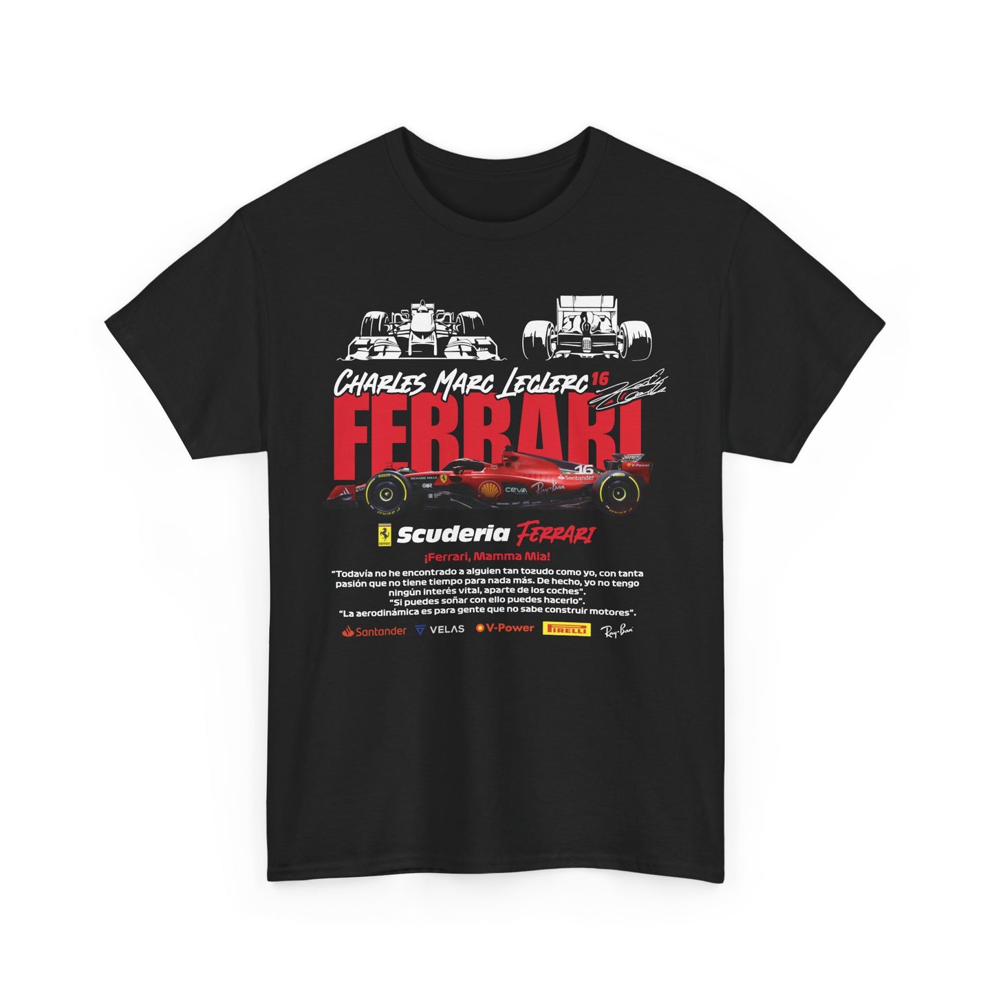 Stylish black men's Scuderia Ferrari F1 T-shirt displaying Charles Leclerc's 16 racing design, featuring a vibrant red Ferrari car and prestigious sponsor logos.