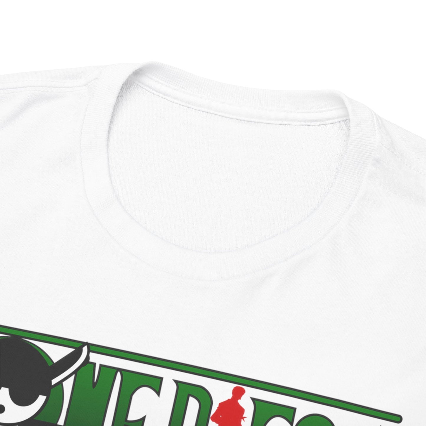 Detailed close-up of the neckline of the Roronoa Zoro t-shirt, showcasing premium fabric quality and refined design elements for discerning anime enthusiasts.