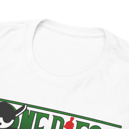 Detailed close-up of the neckline of the Roronoa Zoro t-shirt, showcasing premium fabric quality and refined design elements for discerning anime enthusiasts.