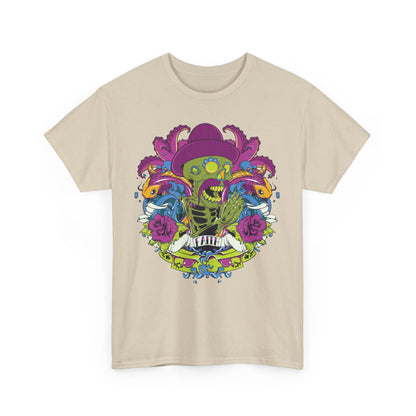Beige t-shirt adorned with a striking graphic of a skeleton in vibrant colours, complemented by koi fish and floral elements, ideal for stylish individuals.