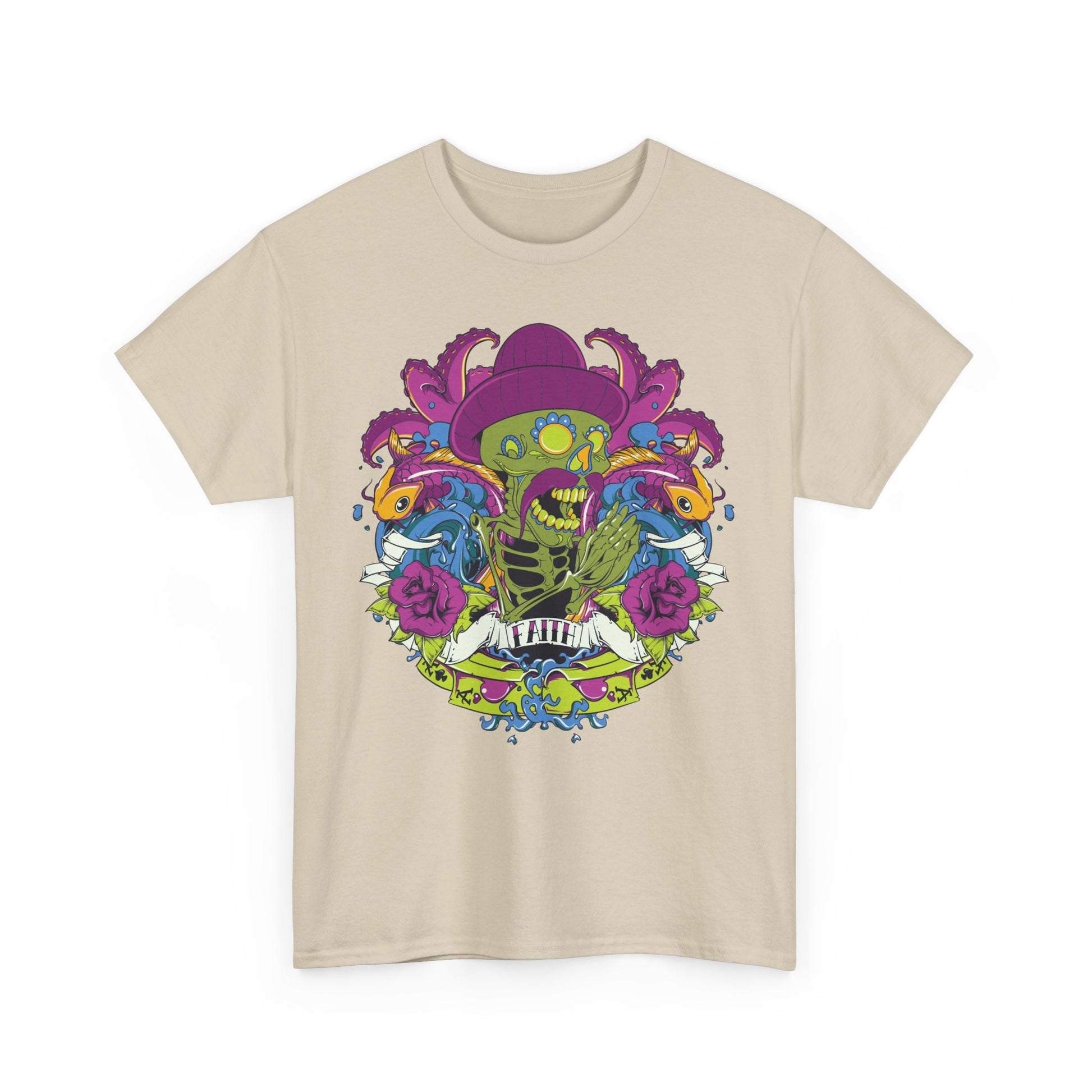 Artistic beige t-shirt adorned with a vibrant skeleton graphic, featuring koi fish and floral elements, symbolising creativity and individuality.