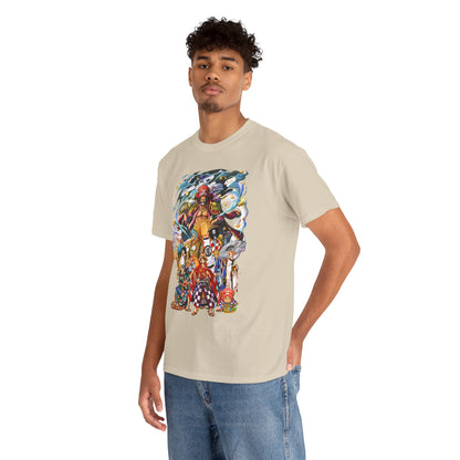 Men's luxury T-shirt showcasing a dynamic anime graphic featuring an adventurous ensemble of characters on a light background, perfect for trendsetters.