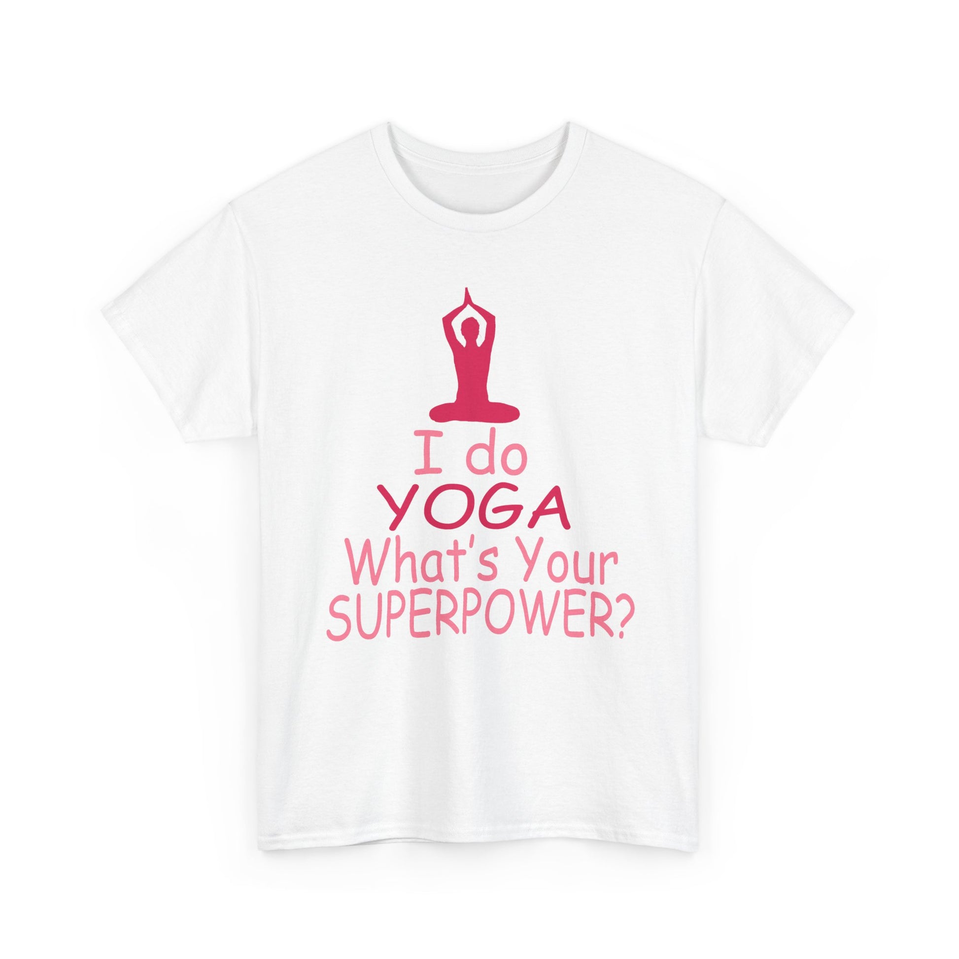 Luxurious women's motivational yoga t-shirt featuring a vibrant graphic design with the text 'I do YOGA What's Your SUPERPOWER?' and a serene silhouette in pink tones against a crisp white background.
