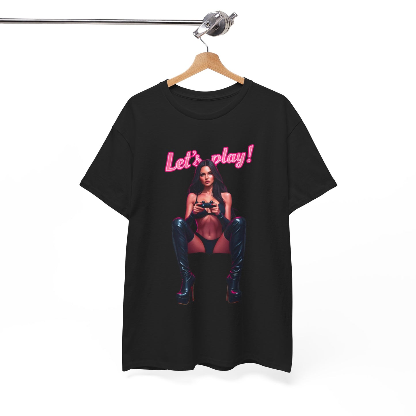 Elegant black t-shirt displayed on a hanger, featuring an eye-catching graphic of a glamorous gamer holding a gaming controller, with bold pink text 'Let's play!' A luxurious addition to any gaming wardrobe.