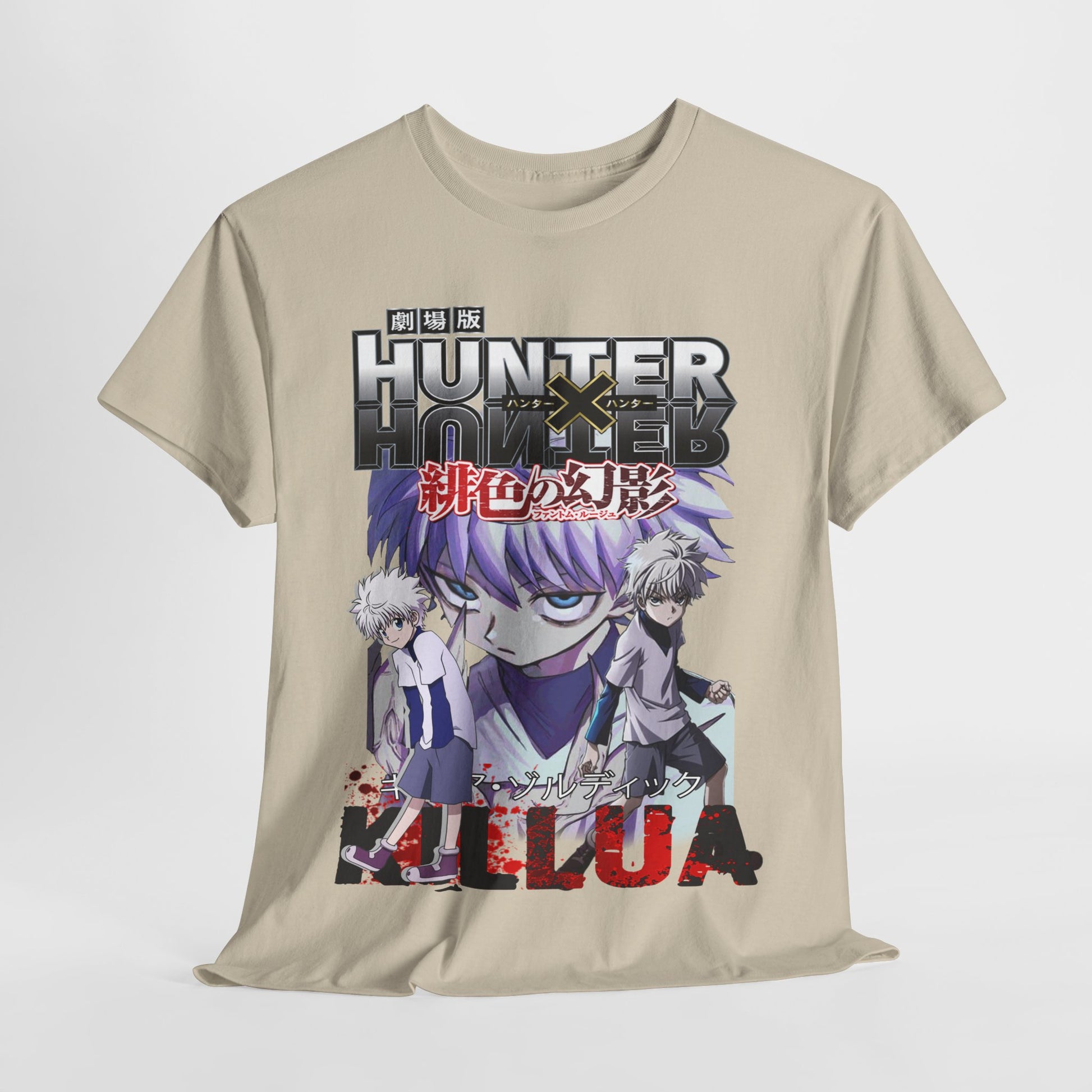 Sophisticated beige Hunter x Hunter T-shirt design vividly illustrating Killua and Gon, suitable for fashionable anime aficionados.
