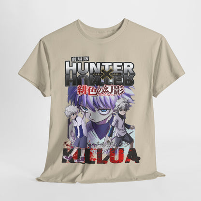 Sophisticated beige Hunter x Hunter T-shirt design vividly illustrating Killua and Gon, suitable for fashionable anime aficionados.