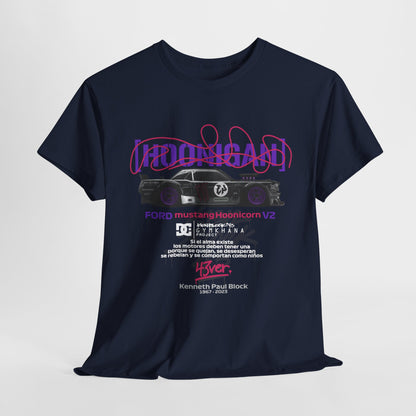 Luxurious display of the Ford Mustang Hoonicon V2 Graphic Tee, highlighting its bold graphics and superior quality, a must-have for car aficionados.
