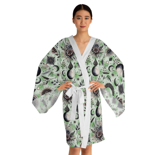Floral Kimono Robe presented on a model with a chic white tie, embodying boho chic style for sophisticated lounging.