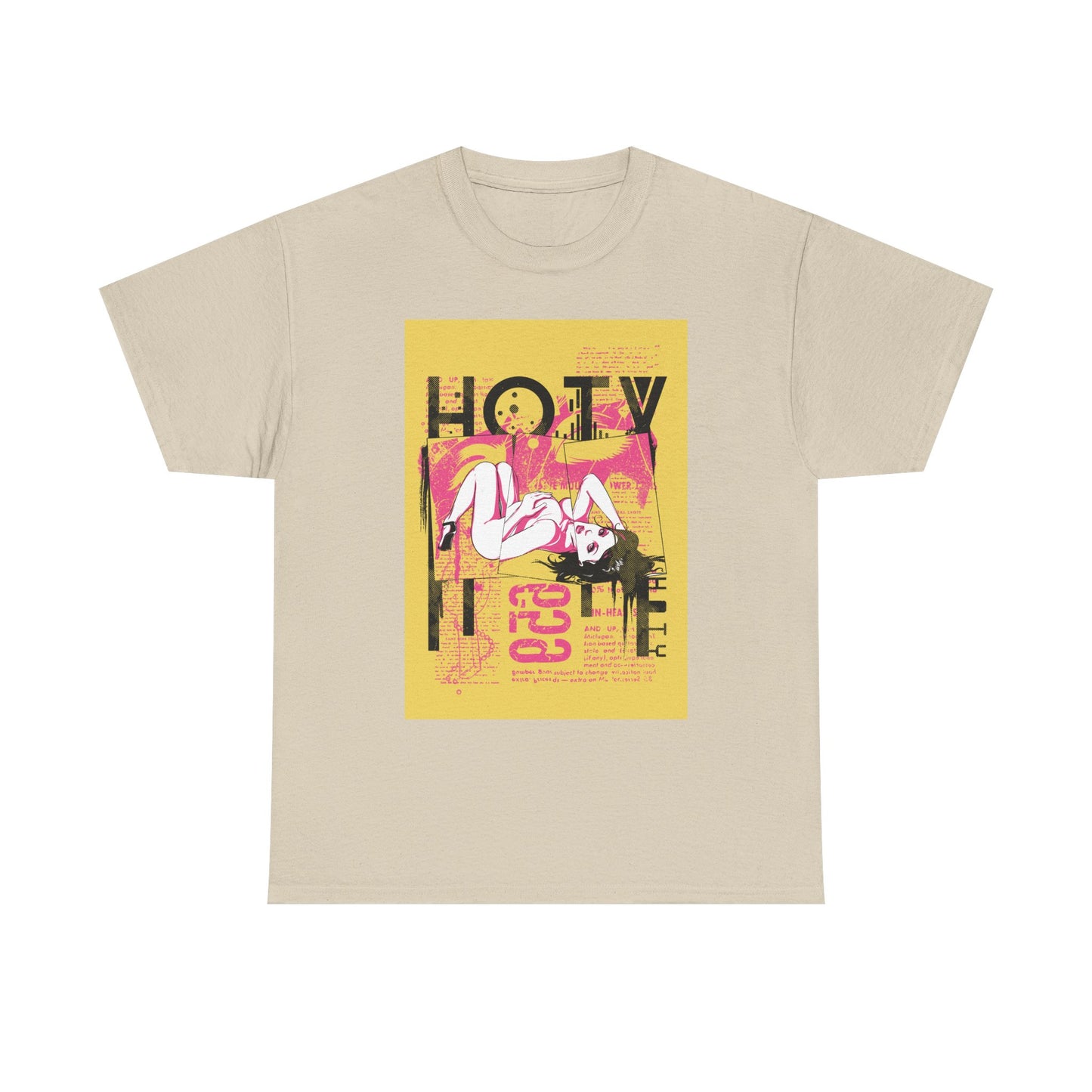 Elegant men's t-shirt in a soft beige shade adorned with a striking 'HOTY' graphic, incorporating vibrant artwork that blends modern aesthetics with graphic novel elements.
