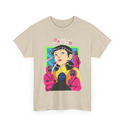 Elegant unisex tee with a high-definition graphic of a character from Squid Game, blending contemporary art with street fashion for a unique statement piece.