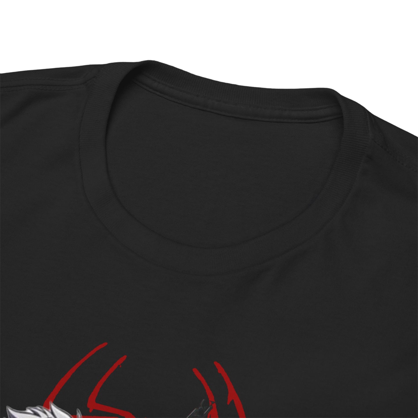 Close-up view of the luxurious neckline of a black Hunter x Hunter T-shirt, featuring detailed graphics of Gon, Killua, and Hisoka from Phantom Rouge.