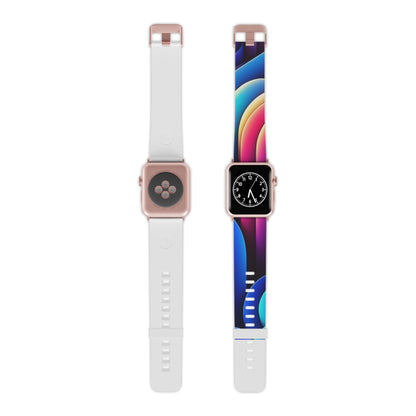 The Vibrant Neon DesignVista Castle Apple Watch Band by Dazzling Dreams Studio displayed against a chic background, capturing its exquisite modern abstract art and comfort.