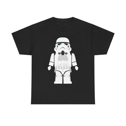 Galactic Icons LEGO Stormtrooper T-Shirt - Elegant unisex graphic tee in classic black featuring a whimsical LEGO Stormtrooper design.