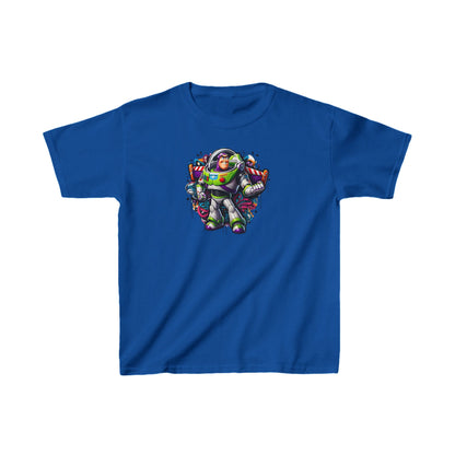 Stylish blue unisex graphic tee adorned with a captivating Buzz Lightyear graffiti design, designed for children.