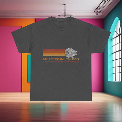 Millennium Falcon Abstract Art Graphic T-Shirt in premium dark charcoal, featuring a minimalist style with ‘Kessel Run in 12 Parsecs’ print, a quintessential piece for the discerning wardrobe.