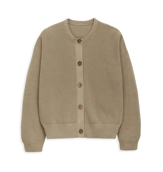 Luxury organic cotton crew neck cardigan for women, featuring textured knit and wooden buttons, perfect for effortless layering.