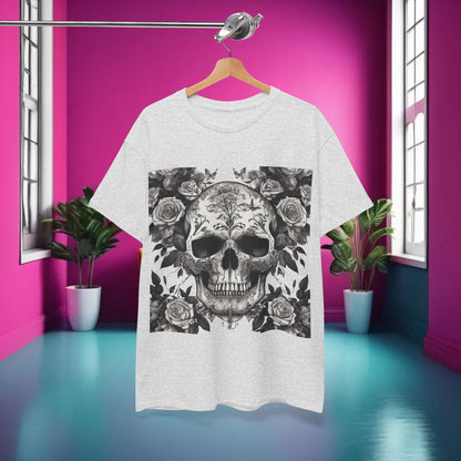 Skulls and Roses Cotton Tee, Unisex Graphic Shirt elegantly displayed on a hanger in a modern, chic setting, highlighting its striking design.