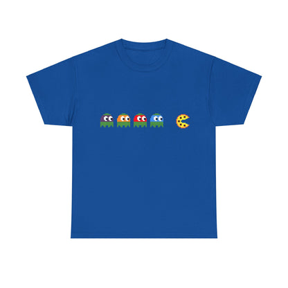 Elevate your style with the Teenage Mutant Ninja Turtles Pizza Pacman Graphic Unisex Tee Shirt in vibrant blue, featuring pixel-art designs of Pac-Man and ghosts.