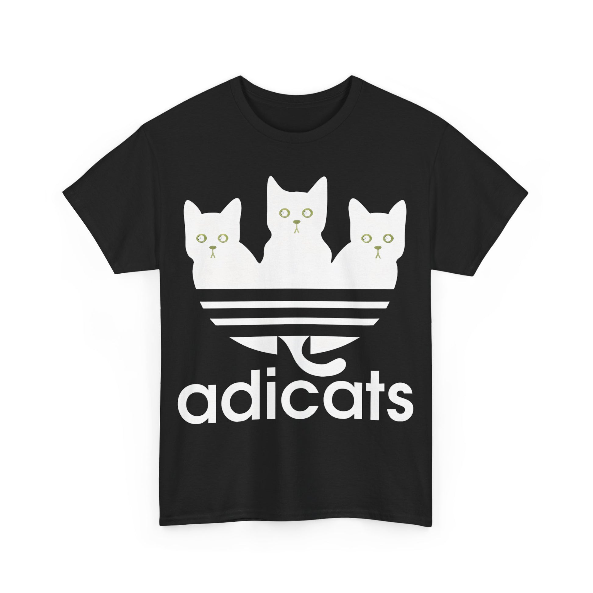 Charming t-shirt showcasing adorable black kittens with bright green eyes against trendy stripes.