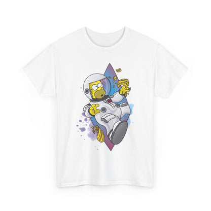 Stylish Spaceman Homer fine graphic t-shirt featuring Homer Simpson in a chic white astronaut suit, set against a dreamy cosmic canvas. Perfect for adding a touch of humour to upscale casual wear.