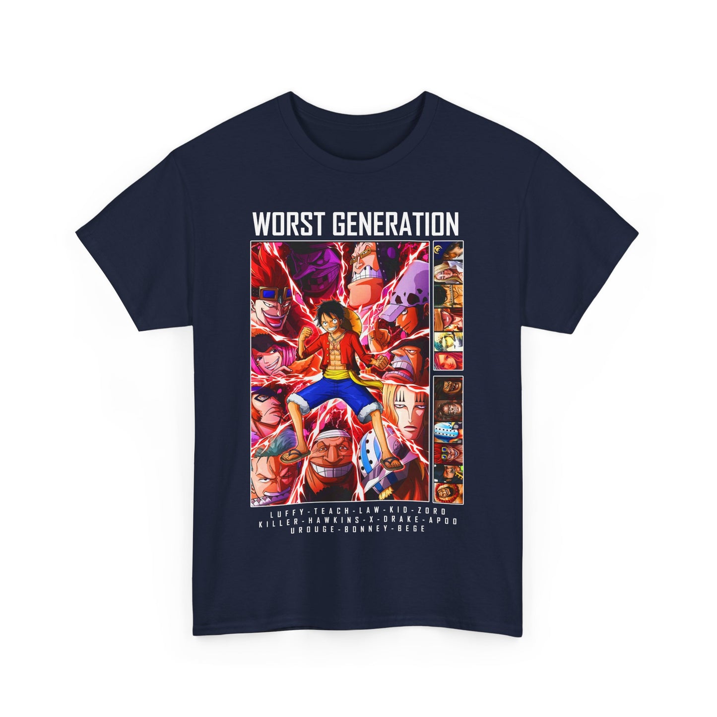 Luxury navy blue T-shirt featuring a striking design of the 'Worst Generation' anime characters, centred around Luffy in vibrant action poses, ideal for anime enthusiasts.
