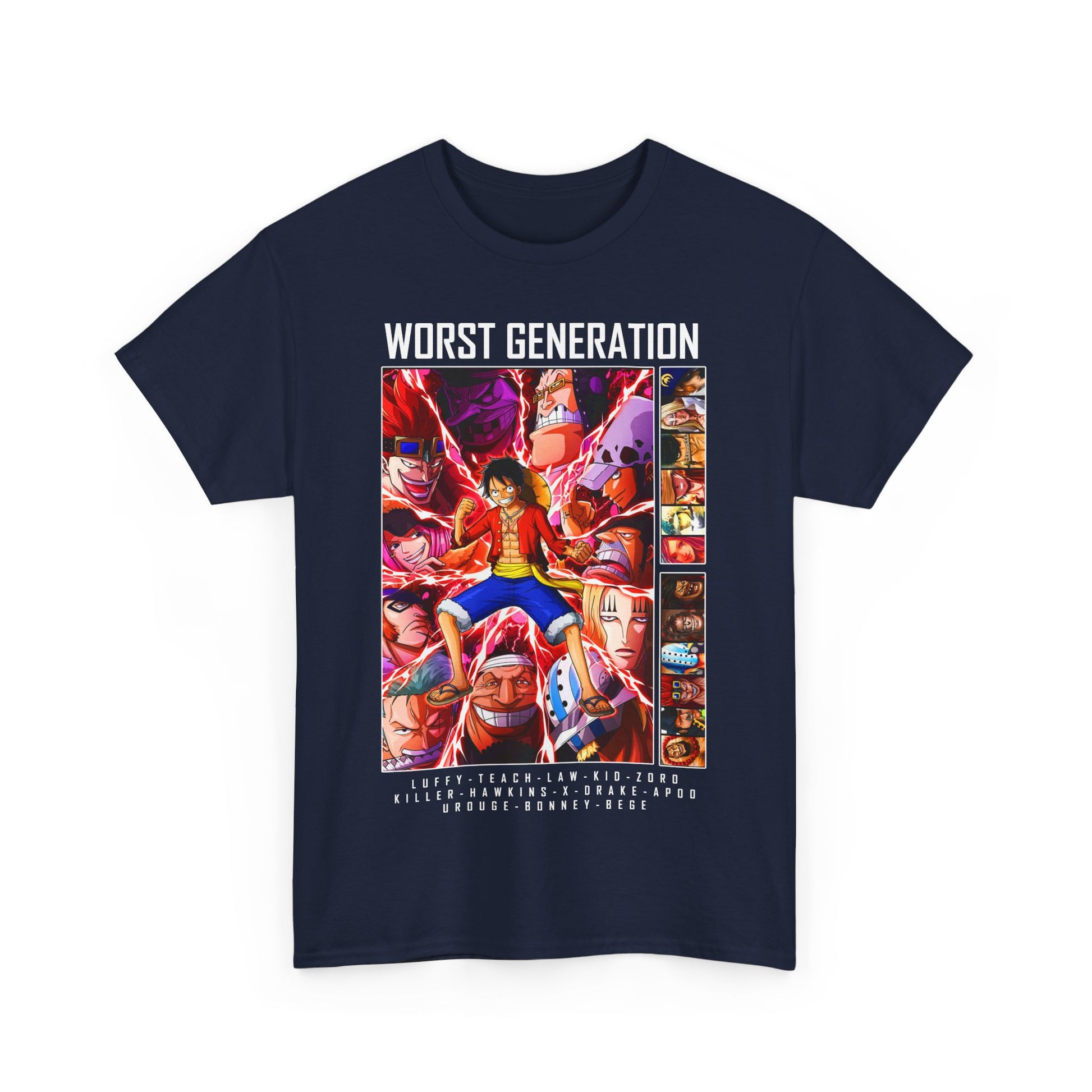 Luxury navy blue T-shirt featuring a striking design of the 'Worst Generation' anime characters, centred around Luffy in vibrant action poses, ideal for anime enthusiasts.