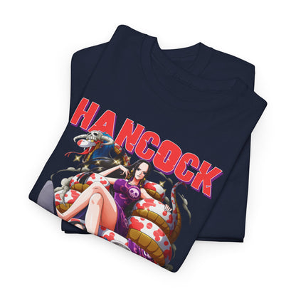 Folded Hancock Anime T-Shirt: Luxurious navy blue tee showcasing bold anime design, elegantly folded to highlight its intricate details and quality fabric.