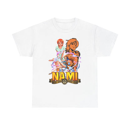 Elegant white men's t-shirt adorned with high-quality Nami anime art from One Piece, featuring a striking design and bold typography, perfect for elevating casual or fashionable ensembles.