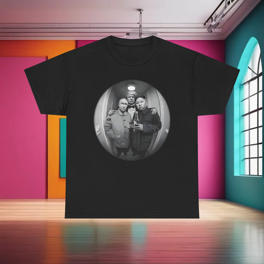 Whimsical urban street comedy t-shirt, titled Meet The Neighbours, showcasing a playful illustration of famous figures in a humorous dilemma.