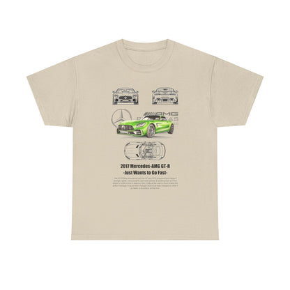 Men's Mercedes-AMG GT-R T-shirt in beige featuring an eye-catching green illustration of the GT-R model, accentuated with detailed line art showcasing its striking features.