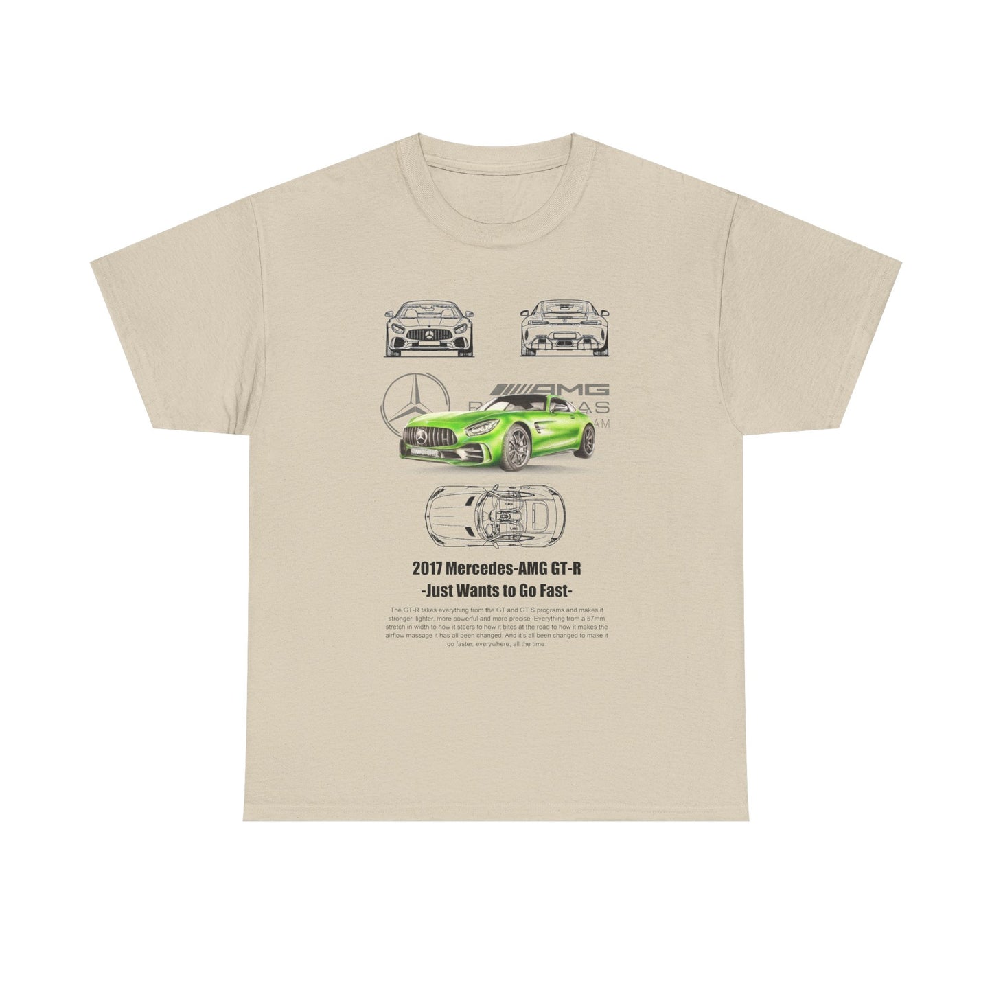 Front view of the Men's Mercedes-AMG GT-R Speed Enthusiast T-Shirt in beige, showcasing a dynamic green illustration of the Mercedes-AMG GT-R and intricate line art of various car perspectives.