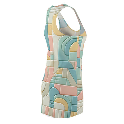 Saxon Belle Racerback Dress in Pastel Hues displayed on a model, accentuating its elegant geometric patterns and fashion-forward appeal.