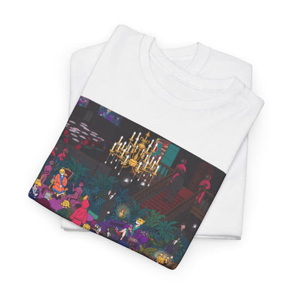 Stylish white t-shirt folded neatly, displaying a sophisticated Squid Game-themed graphic print of an opulent party filled with vivid characters.