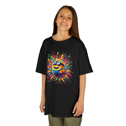A happy girl wearing a Kids Minion Paint Splash T Shirt featuring a vibrant Minion character with a paint splash design. Perfect for any young fan of Minions, this Funny T Shirt brings fun and colour to their wardrobe.