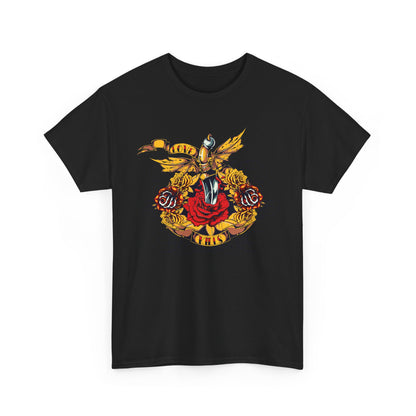 Chic black t-shirt displaying an intricate gold dagger and vibrant roses, embodying bold artistic flair.