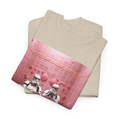 Luxury men's t-shirt featuring a whimsical design of Stormtroopers in a pink bathtub surrounded by bubbles, showcasing a unique blend of humour and style.