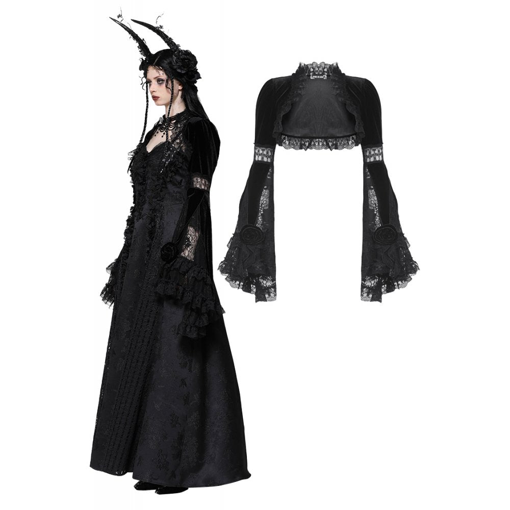 Elegant Lavinia Velvet and Lace Shrug featuring dramatic bell sleeves, perfect for gothic fashion lovers.