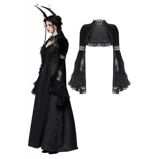 Elegant Lavinia Velvet and Lace Shrug featuring dramatic bell sleeves, perfect for gothic fashion lovers.