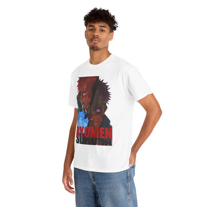 Model showcasing a luxurious white t-shirt featuring an eye-catching illustration of Ryomen Sukuna, designed for anime enthusiasts who appreciate stylish and bold fashion statements.