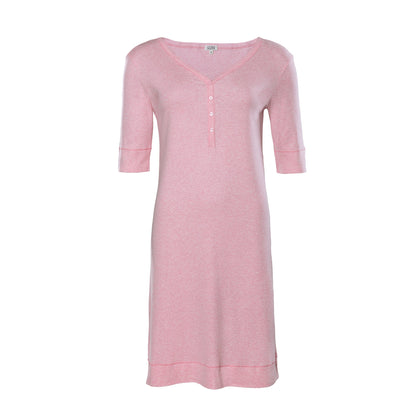 Stylish women's night shirt with buttons and wide v-neckline, made from 100% organic cotton for relaxed elegance.