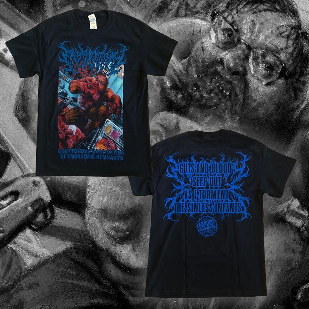 Luxury Embryectomy Gluttonous Mastication Of Embryonic Remnants T-Shirt by Rancid Offal Records, showcasing distinctive graphic design and premium fabric for a stylish, avant-garde look.