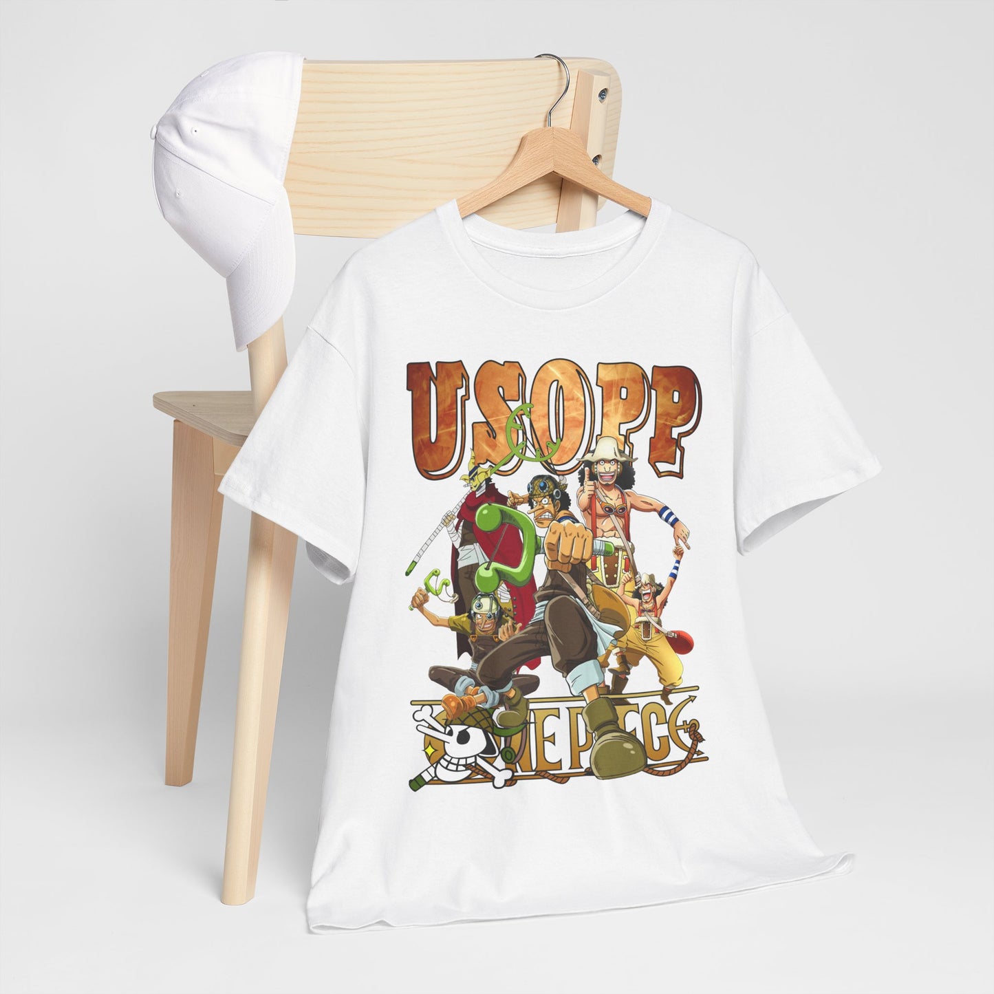 Elegant Usopp T-shirt displayed with a chic cap, illustrating iconic anime design, ideal for fashionable enthusiasts.