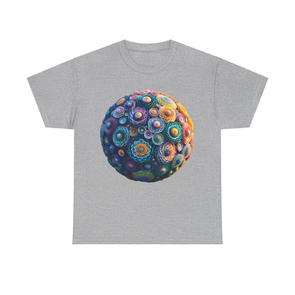 Iridescent Floral Sphere Unisex Cotton Tee Graphic T Shirt with an eye-catching floral sphere design on a grey fabric, combining comfort with contemporary fashion.