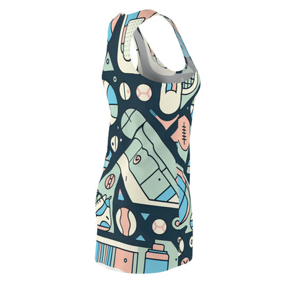 Valentina Sartoria Racerback Dress displayed on a hanger, highlighting its modern design and rich pastel colour palette enriched with sporty motifs.