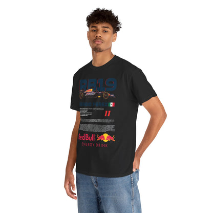 Fashionable male model wearing the Red Bull RB19 F1 racing t-shirt, displaying the Sergio Perez graphics in a casual setting, perfect for the modern motorsport enthusiast.
