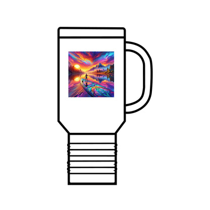 Fantasy Paddleboarding 40oz Insulated Travel Mug with vibrant fantasy artwork showcasing a paddleboarder on a serene lake at sunset.