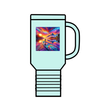 Charming Fantasy Paddleboarding 40oz Insulated Travel Mug in calming aqua, perfect for outdoor enthusiasts, adorned with a vibrant fantasy scene of paddleboarding.